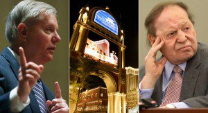 From left: Lindsey Graham, an Adelson-owned casino in Macau and Sheldon Adelson are pictured in this composite image. | AP Photos