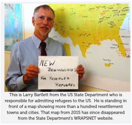 This is Larry Bartlett from the US State Department who is responsible for admitting refugees to the US. He is standing in front of a map showing more than a hundred resettlement towns and cities. That map from 2015 has since disappeared from the State Department’s WRAPSNET website.